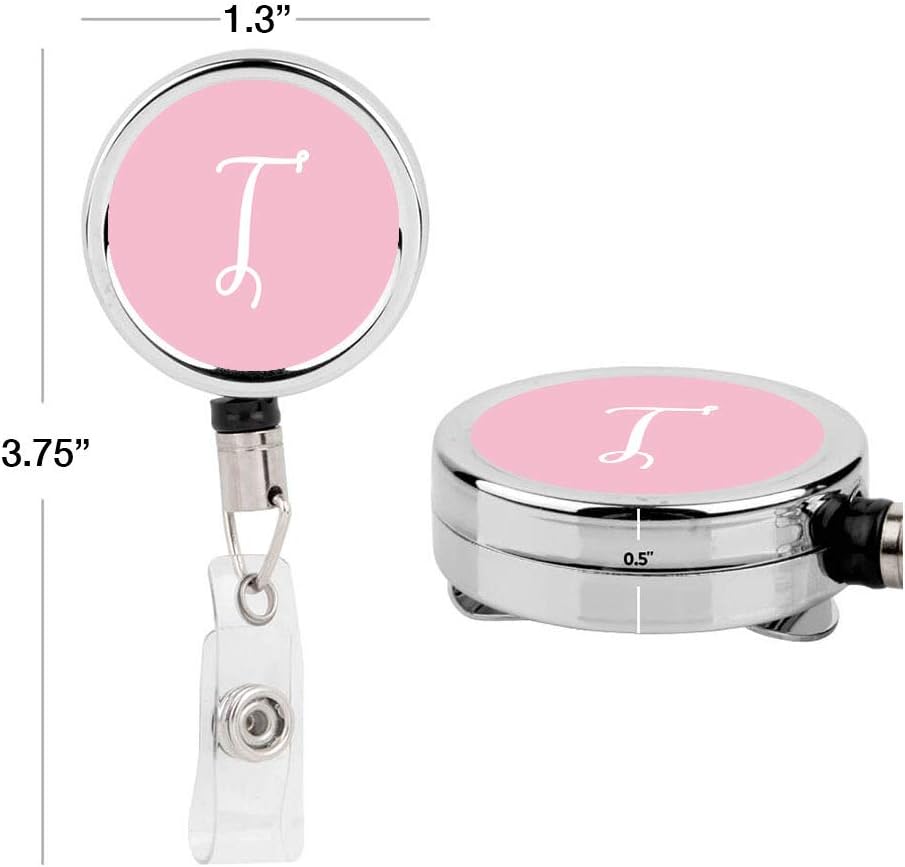 Andaz Press Retractable Badge Reel Holder with Clip, Heavy Duty Metal Name Tag Retractable ID Key Belt Clip Pink Letter Monogram, Floral Monogram T