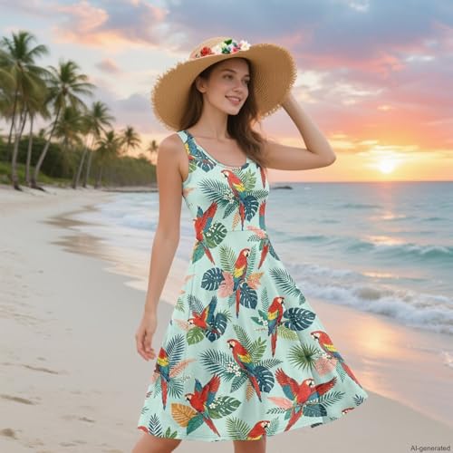 Image of TOADDITDO Women's Sleeveless O Neck Beach A-Line Party Coctail Tank Dresses Flared Sundress