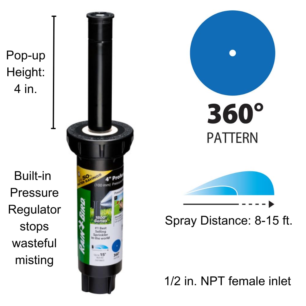 Rain Bird 1804FDSP25 Profesjonalny zraszacz wyskakujący z podwójną regulacją ciśnienia (PRS), wzór pełnego okręgu 360°, odległość natrysku 8' - 15', wysokość wyskakującego 10 cm