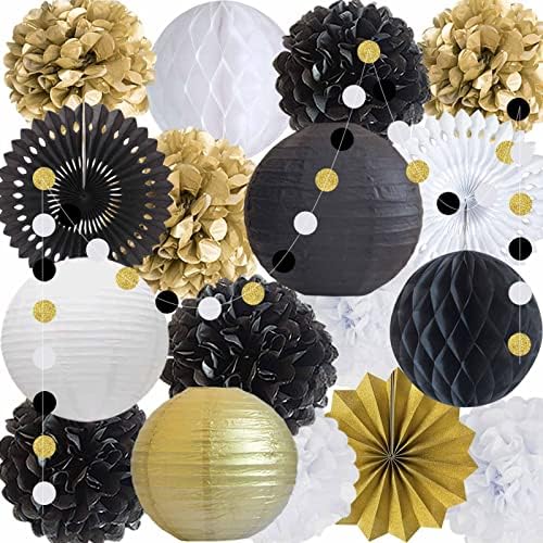 ANSOMO Black Gold and White Party Decorations Paper Fans Lanterns Pom Poms Hanging Wall Décor Bridal Baby Shower Birthday Graduation Wedding