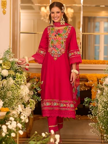 Image of INDO ERA Women's Silk Blend Floral Embroidered A-Line Kurta & Pant with Dupatta Set (IEOUT12374)