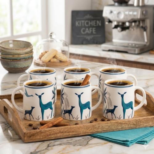 Image of Alive Blue Deer Art Printed Ceramic Tea /Coffee Mug Set of 6 (300 ml) | Microwave & Dishwasher Safe |Premium Ceramic Mugs for Home, Office & Gifting