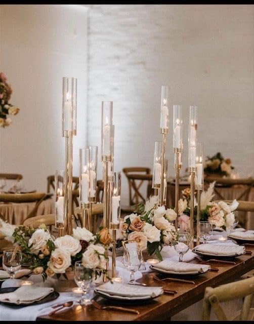 Miniatura 5 de Juego de 8 candelabros dorados de 35 pulgadas para mesas, candelabros, centros de mesa de boda, decoración de mesa, pantalla acrílica para velas LED