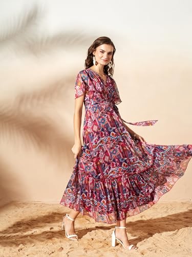 Image of Miss Chase Women's Floral V-Neck Flutter Sleeve Wrap Chiffon Maxi Dress