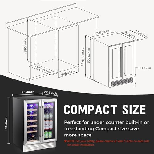 Image of Antarctic Star 24 Inch Dual Zone Wine and Beverage Refrigerator, Built-in or Freestanding Mini Fridge with Clear Glass Door & LED Light, for Beer, Soda, and Wine