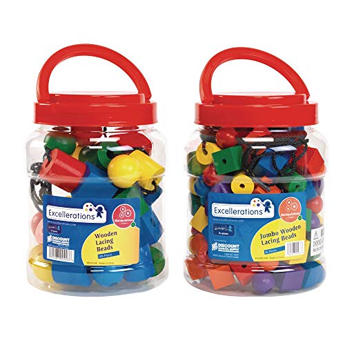 Excelleration Set of 2 Jars, Jumbo and Regular Sized Lacing Beads with String, Fine Motor Skill Development, Educational Toy, Preschool, Kids Toys