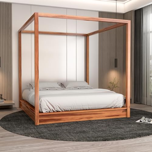 Image of Sheesham Solid Wood Poster Capital Bed for Home| Beautiful Bedroom (Honey, Queen)