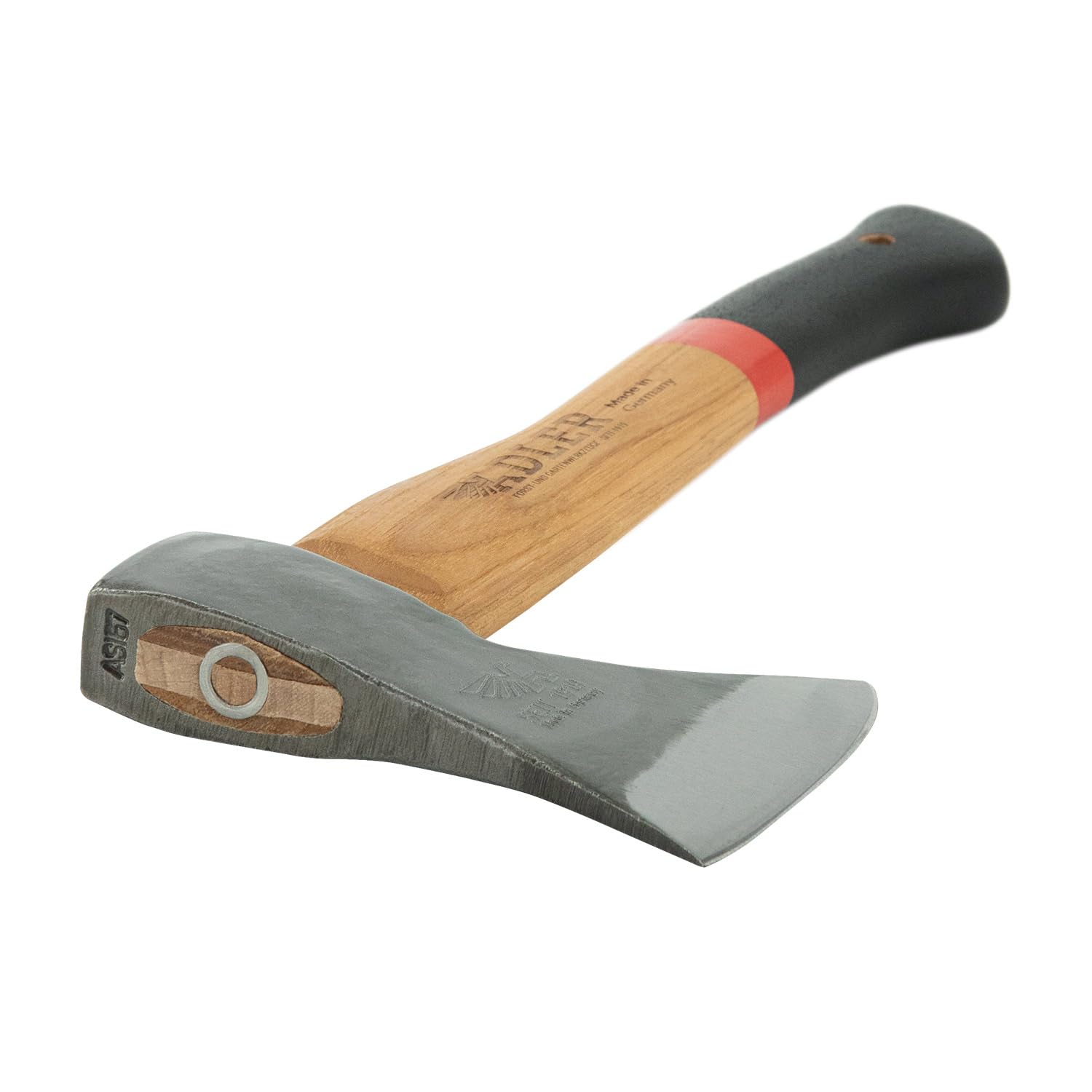 ADLER Beil 600 g, Holzaxt mit 36cm langem ergonomischem Hickory-Stiel, Rutschfester Griff, C60 Stahl Carbon Klinge inklusive Lederschutz/Camping/Forst Garten & Wald/rot, schwarz (Rot/Schwarz) | Geschmiedeter Kopf mit doppelter Sicherheitsverkeilung und Le