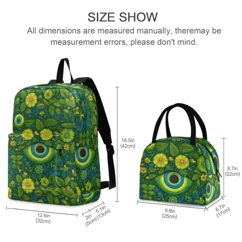 Green Floral Eyes Print Backpack Set with Lunch Bag, Large Capacity Travel Backpacks and Lunch Box Insulated for Commute Hiking Picnic2