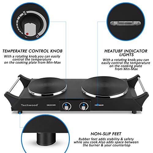 Techwood 1800W Hot Plate Portable Electric Stove Countertop Double Burner With Adjustable Temperature & Stay Cool Handles, 7.5” Cooktop For Rv/Home/Camp, Compatible For All Cookwares #TOP2