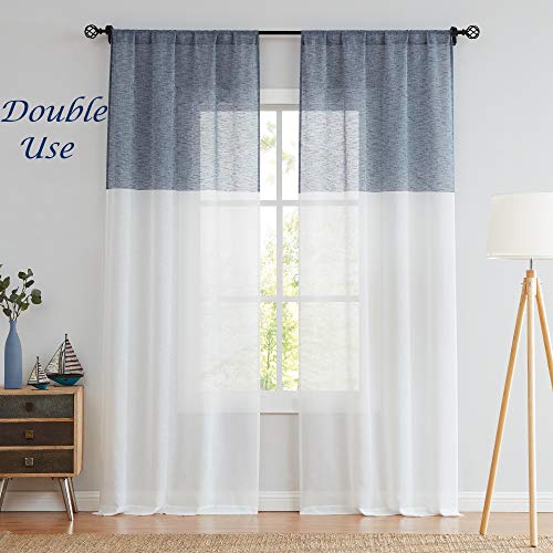 Central Park Navy and White Stripe Sheer Color Block Window Curtain Panel Linen Drape Treatment for Bedroom Living Room Farmhouse 95 inches Long with Rod Pocket,2 Panel Rustic Living Panels