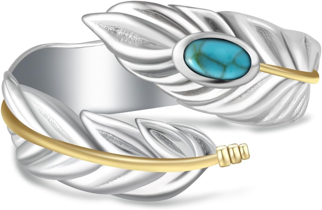Turquoise Feather Ring 925 Sterling Silver Vintage Wide Feather Rings Women Men Turquoise Western Style Jewelry gifts Wrap Thumb Ring Open Size 4-11