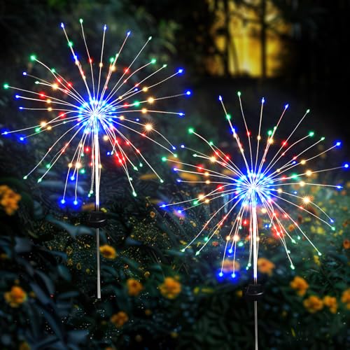 Solar Garden Firework Lights Outdoor Waterproof 2 Pack Solar Lighting with 8 Lighting Modes  120 LED Sparklers String Lights for Outside Decor Yard Pathway Halloween Decorations(Colorful)
