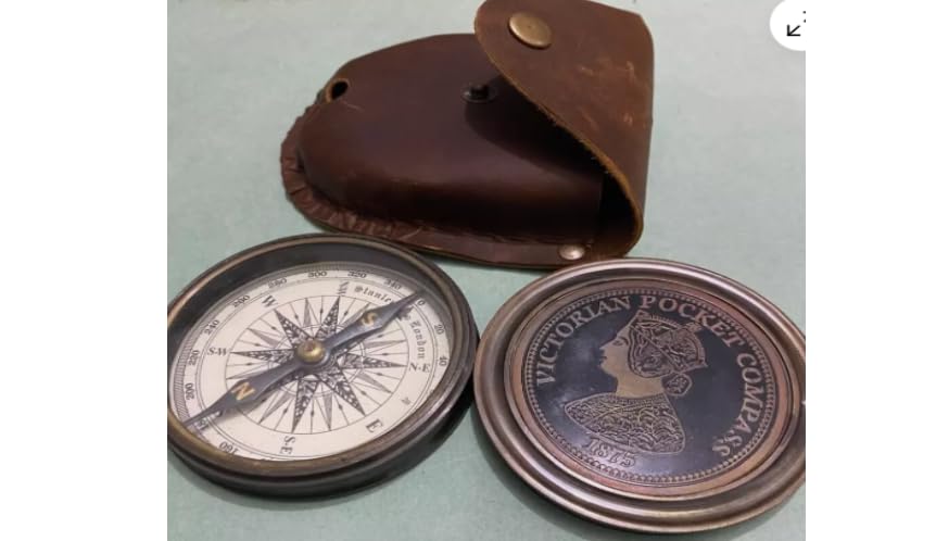 Brújula de navegación estilo vintage de latón con estuche de cuero, brújula de bolsillo, mejor regalo para Navidad miniatura 4