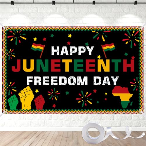 Juneteenth Backdrop 6x4ft Happy Juneteenth Banner with 4 Brass Grommets 32.8ft Ribbon Freedom Day June 19th 1865 Decorations Photography Background for Indoor Outdoor Party Supplies