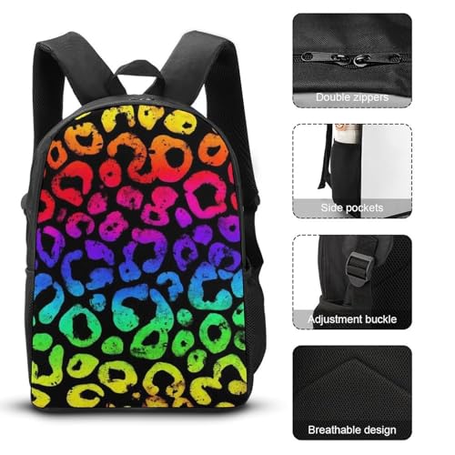 17 Inch Backpack with Lunch Bag and Pencil Case Set Animal Neon Rainbow Colorful Cheetah Leopard Print Black Casual Daypack Insulated Lunch Box Stationery Organizer Pouch3