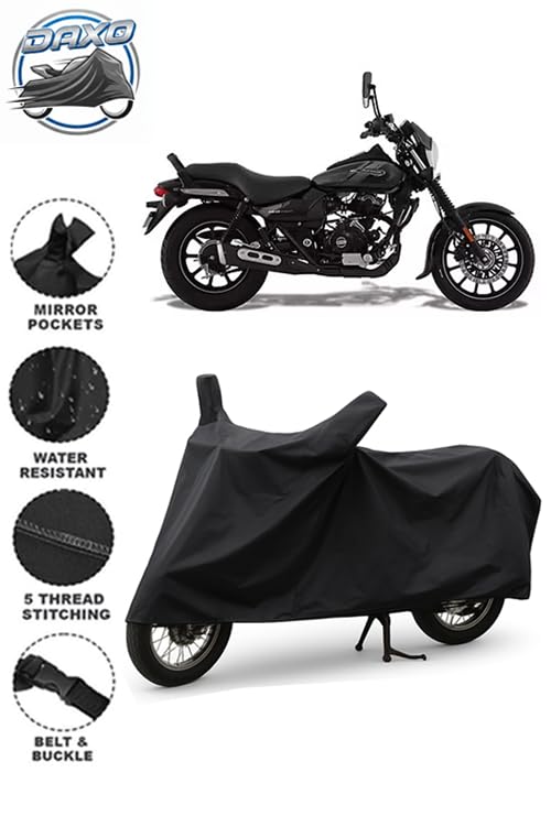 Image of DAXO Waterproof Bike Cover for Bajaj Avenger Street 160 | All Weather Protection from Rain, Dust, Heat & Scratches with Mirror Pockets & Buckle Belt | Avenger Street 160 Bike Cover | Black
