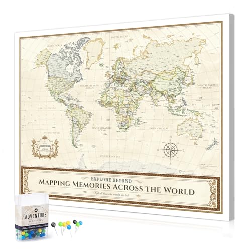 Image of DECORARTS - World Travel Map with Pins, Pin Board Canvas Wall Art, Colorful Classic Maps for Wall Decor, Giclee Print on Canvas, Handcrafted in USA, 30x24''