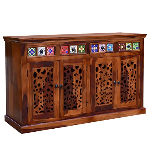 Image of SONA ART & CRAFTS CNC Solid Sheesham Wood Sideboard Cabinet Storage Organizer with 4 Drawer & Door Cabinet for Home Kitchen Living Room & Bedroom Multi Shelves Cabinets Hallway Dinning (Honey Finish)