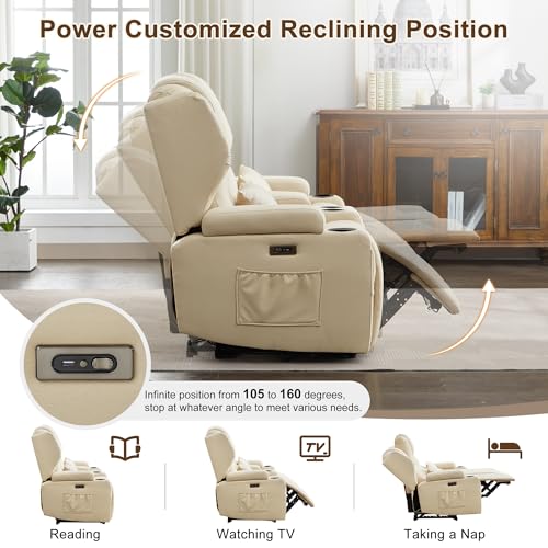 Image of DRMBOOK RV Power Loveseat Recliner Sofa, Leathaire Fabric Wall Hugger Reclining Sofa with Console, Home Theater Seating Chair with Cup Holder, 2 Person Couch RV Furniture for Living Room, Beige