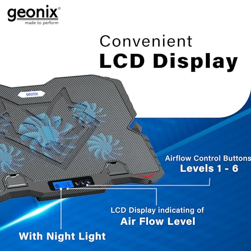 Image of Geonix Gaming Laptop Cooling Pad, LED Lights (1-6 grade), Computer Cooler Stand, 5 Quiet Fans for 15.6-18 Inch Laptops, 5 Stand adjustable point, PC Notebook Heat Dissipation (Black)