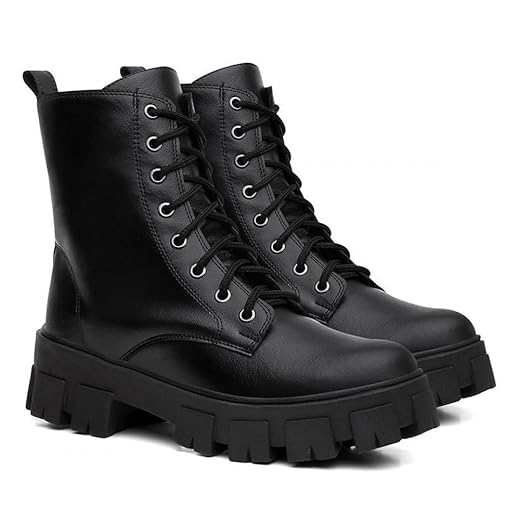 Bota Coturno Sola Robusta Feminino Cano Medio Com Fecho de Cadarço