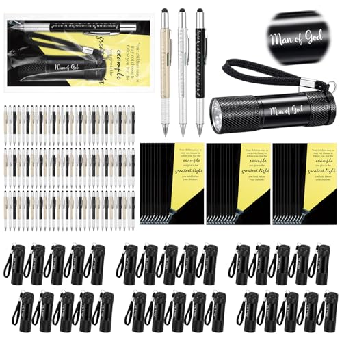 120 Pcs/30 Set Man of God Gifts for Men Bulk Fathers Day Church Gifts Christian Religious Party Favor Scripture Bible Gift for Godfather Dad Pastor Mini Flashlight Multitool Pen Motivational Card