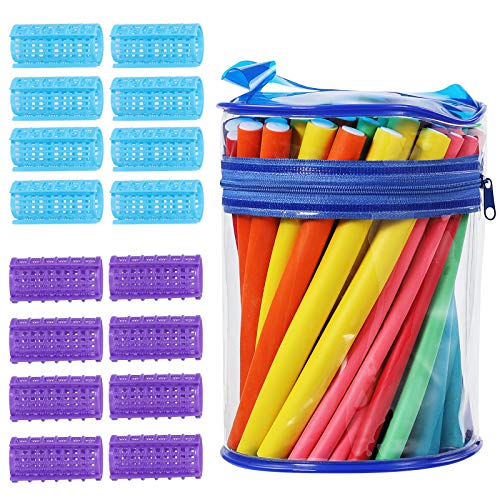 42 Pcs Foam Hair Flexible Rods and 16 Pcs Hair Rollers Set No Heat Self Grip Hairdressing Curlers with Large Medium Small Size for Curling Short Long Hair