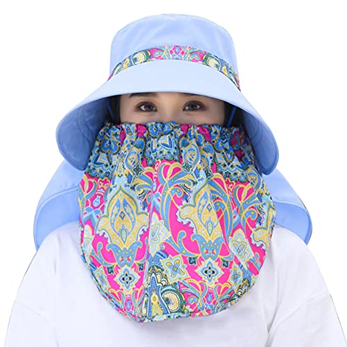 Image of Women Wide Brim Face Mask Sun Hat Detachable Neck Face Flap Ponytail UV Protection Visor Hat Garden Fishing Hiking