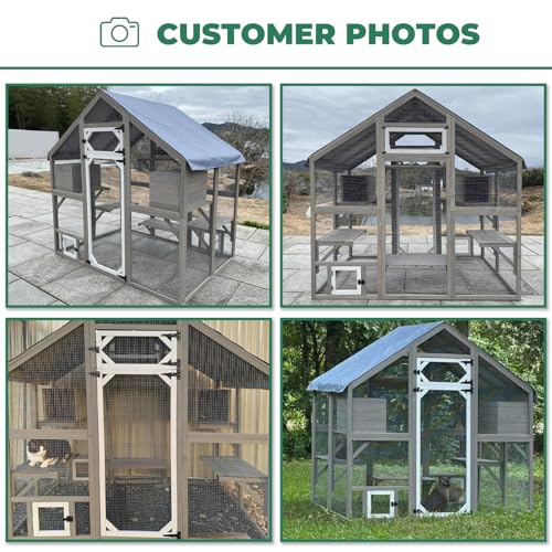 Image of 71 inch H Catio Outdoor Cat Enclosure Weatherproof, Large Walk-in Cat House Attached Window for Multiple Cats, Waterproof Cat Cage Kitty Enclosure Outside with 2 Condos, 6 Platforms