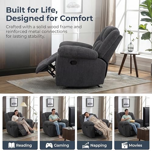 Image of Oversized Corduroy Recliner Chair, Manual Lazy Boy Recliner with Home Theater Seating, Breathable Living Room Reclining Chair for Adults Reading, Gaming, Relax, Dark Gray