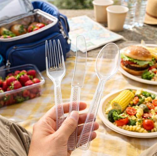 Image of Party Dimensions 300 Count Plastic Cutlery Combo Box, Disposable Clear Plastic Silverware Utensils Set, 100 Forks, 100 Spoons, 100 Knives (Pack of 2)