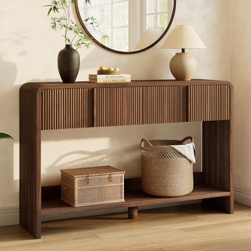 Image of AMERLIFE 45 inch Fluted Console Table with 2 Drawers and Open Shelf, Modern Entryway Table with Rounded Edges, Wood Sofa Table for Hallway, Foyer, Behind Couch, Living Room, Brown