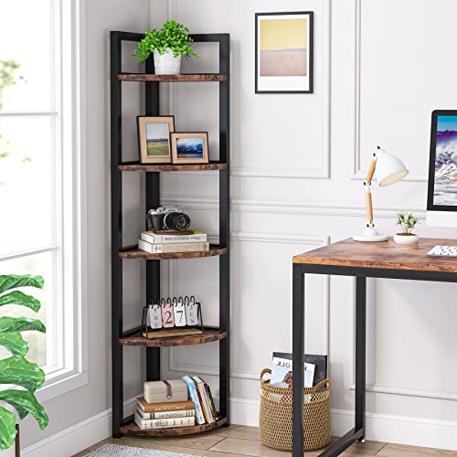 Tribesigns 5 Tier Corner Shelf, Rustic Corner Bookshelf Small Bookcase Storage Rack Plant Stand For Living Room, Home Office, Kitchen, Small Space (Brown) #TOP3