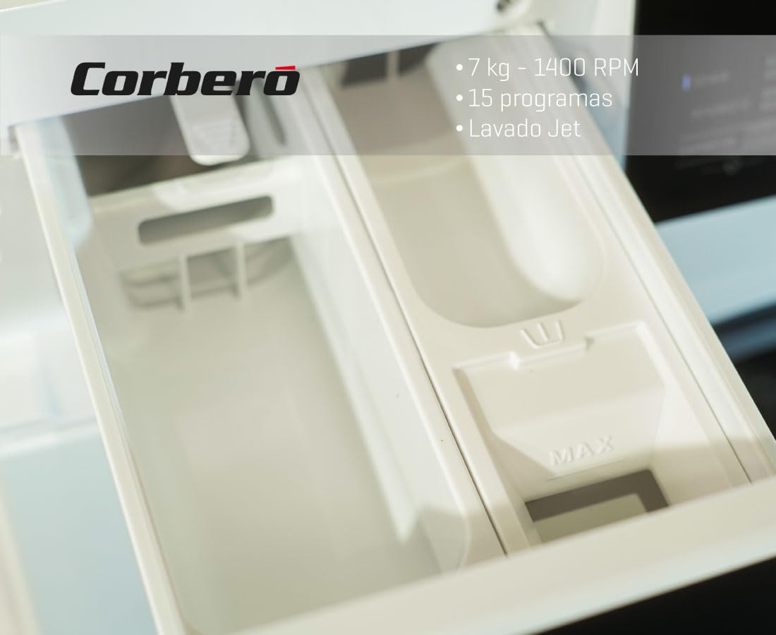 Corberó - Lavadora Carga Frontal | CLH7404MK | 7 Kg | 1400 Rpm | Motor Inverter | 15 Programas | Vapor | Lavado Jet | Inicio Diferido | Puerta XXL | Blanco