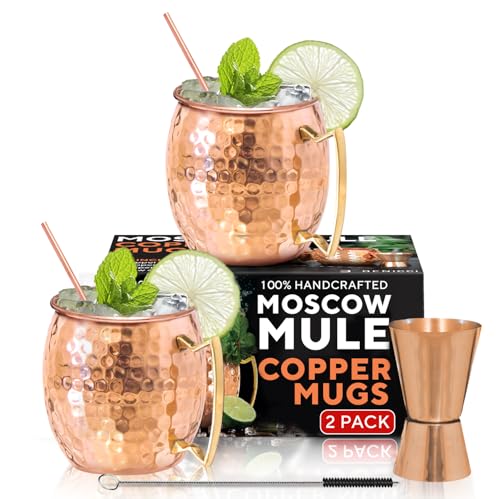 Comparison: Best Copper Moscow Mule Mugs 7 Benicci Moscow Mule Copper Mugs - Set of 2, 100% HANDCRAFTED - Food Safe Pure Copper Solid Mugs - 16 oz Gift Set with Premium Quality Cocktail Straws, Straw Cleaning Brush and Jigger!