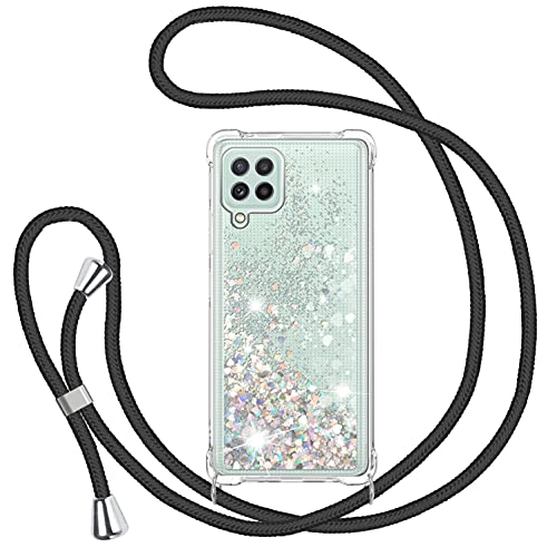 Collier Coque avec Cordon pour Samsung Galaxy A22 4G, Housse Paillette Glitter Liquide Étincelle Silicone Transparente TPU Étui de Protection avec Réglable Lanière Tour de Cou Chaîne Case - Or Rose Cover