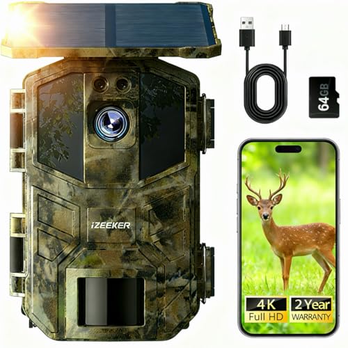 iZEEKER Solaire Caméra de Chasse 4K 64MP WiFi 6 Bluetooth avec 5200mAh Batterie Rechargeable, 0,1s Déclenchement, Camera Chasse Vision Nocturne IR Carte...