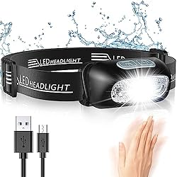 Cargador Frontal Minero Glangeh Linterna Frontal, Impermeable IPX6 Frontal LED Recargable USB 4 Modes de Luz con Sensor, 500 Lúmenes Linterna Cabeza 1200mAh con Ajustable Ángulo & Correa para Camping Correr Pesca Ciclismo