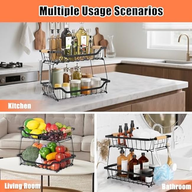 2 Tier Fruit Vegetable Basket for Kitchen, Storage Cart, Vegetable Basket Bins, Countertop Metal Wire Organizer with 2 Detachable Banana Hangers & Bowl-wHXdjfHq
