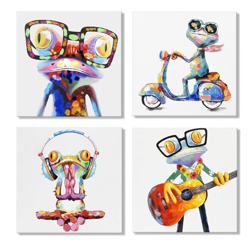 Happy Frog Animal with Glasses Canvas Wall Art Frog Painting Poster Wall Decor Colorful Funny Animal Wall Art for Kids Room Bedroom Bathroom Modern Home Decor 12x12Inchx4pcs