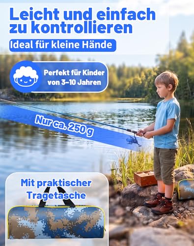 Angelset Kinder 1,8 m – Kinder Angelrute Set mit Angelrolle, Ködern & Zubehör, Teleskop Angel Starter Set mit Tragetasche Komplettes Angel Starter Set für Anfänger 3–10 Jahre