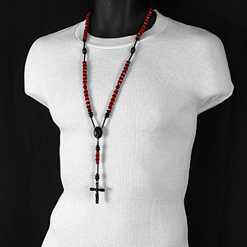 Mens Hip Hop 8mm Black w/Red Tone 32" Glass Beaded Chain Rosary Prayer Hand & Jesus Cross Necklace3