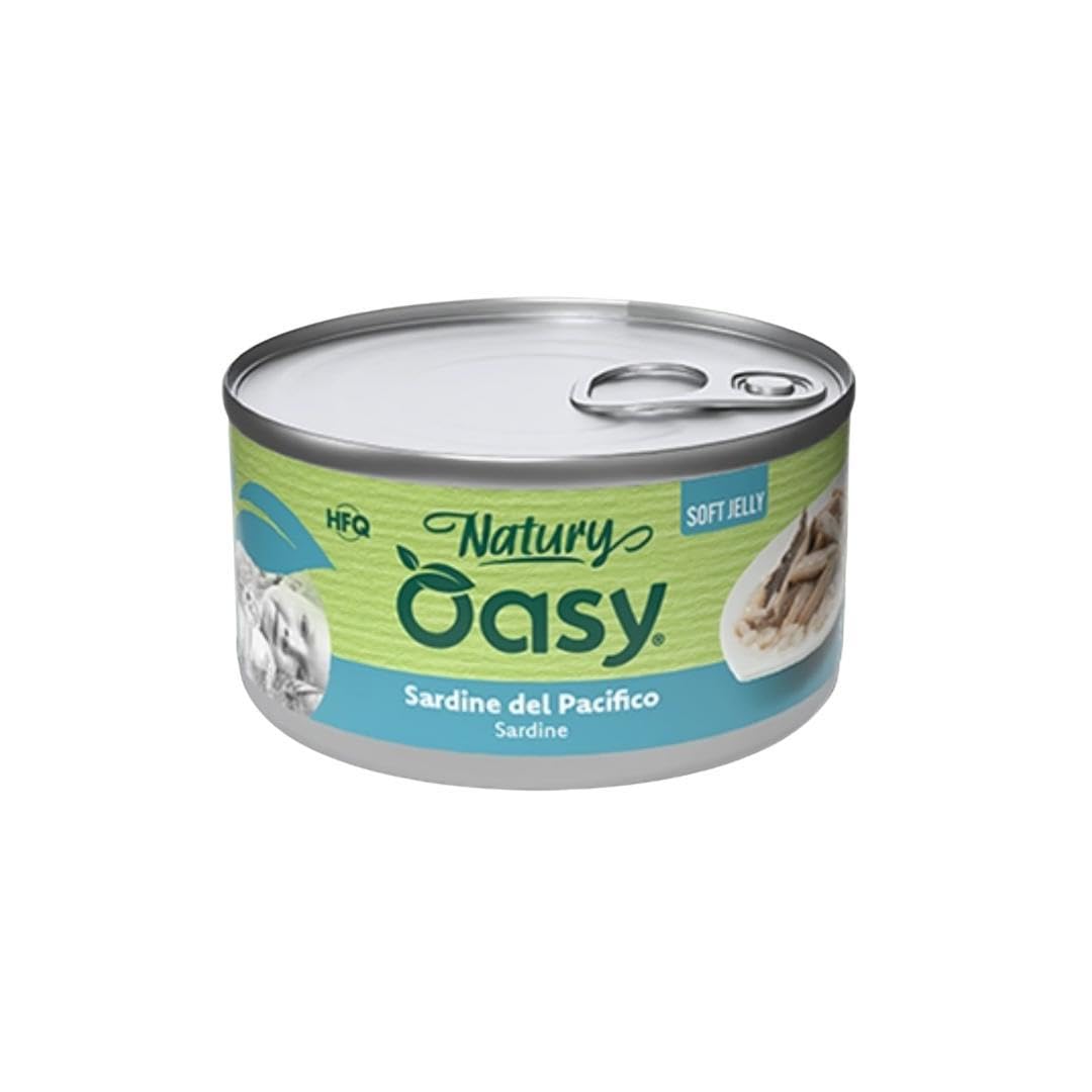 Oasy Natural - Sardinas del Pacífico, suaves pelusas naturales de Soft Jelly para gatos adultos de todos los tamaños y razas | 24 latas de 85 gramos cada una.