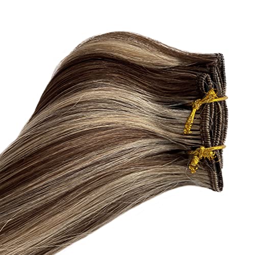 Image of Human Hair Extensions Silky Straight 18 Inch 70g 5pcs Double Weft Clip in Extensions Medium Brown to Beige Blonde Seamless Clip ins Thick Ends Remy Hair for Women