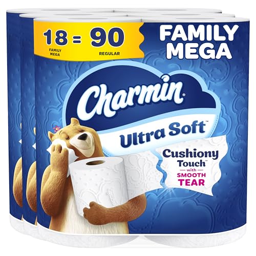 Charmin Ultra Soft Cushiony Touch Toilet Paper, 18 Family Mega Rolls = 90 Regular Rolls (Packaging May Vary)
