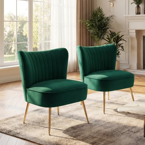 DUOMAY Modern Accent Chair Set of 2 Velvet Slipper Chair with Gold Legs Wingback Side Chair for Living Room Bedroom Entryway Small Corner Chair for Space Saving Green