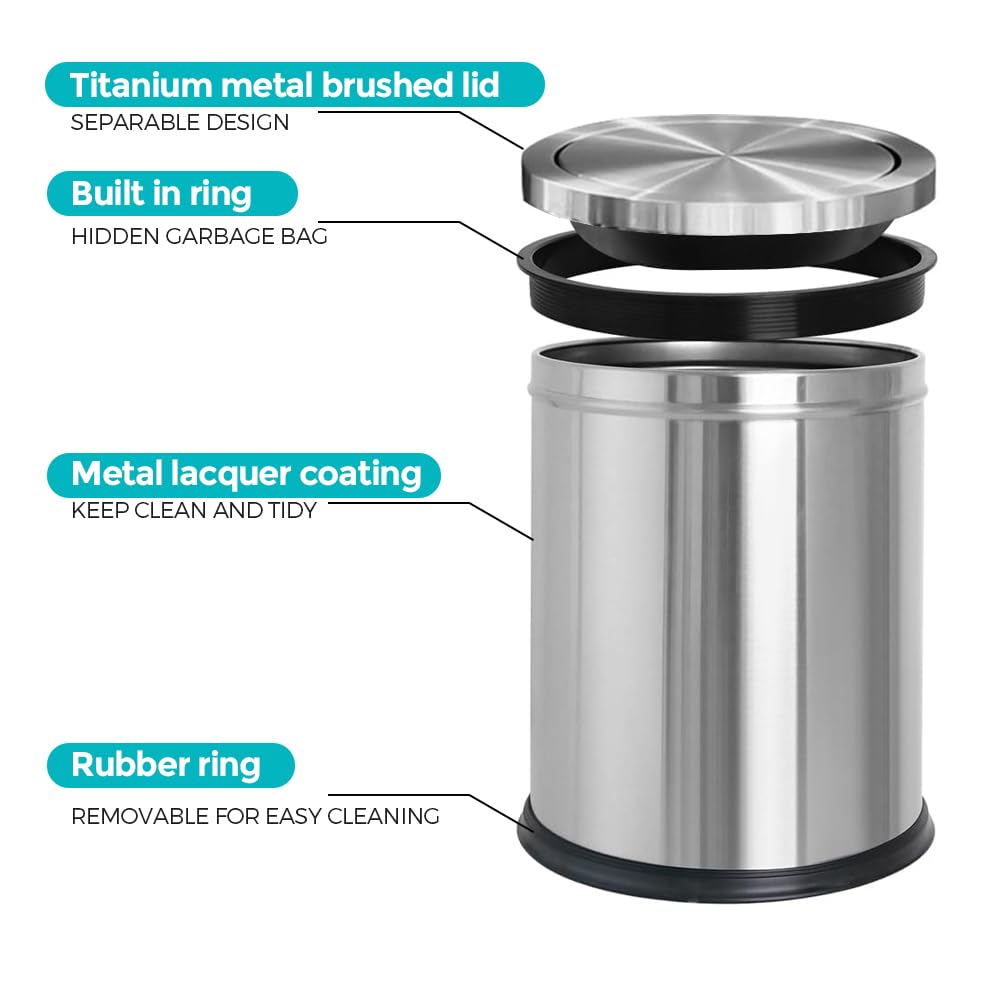 4 Gallon Stainless Steel Waste Bin,Small Metal Garbage can with Shake Lid,Paper Backet with Flipping Lid, Large Capacity Trash Can, for Kitchen,Bathroom,Living Room,Office,Hotle (Silver)