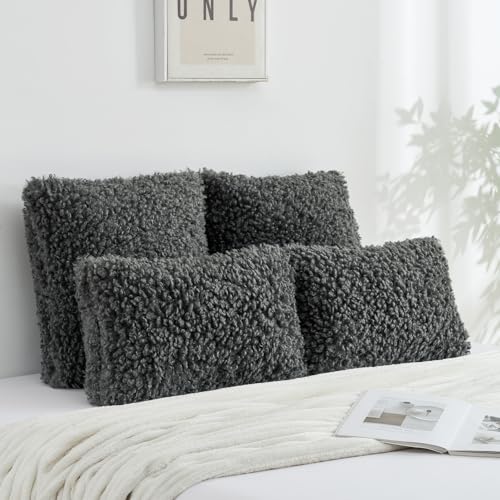 FUTEI Dark Grey Decorative Throw Pillow Covers 24x24 Inch Set of 2,Soft Fluffy Faux Wool Fur Boucle Textured European Cushion Case,Modern Home Decor for Couch Bed Living Room Office