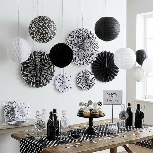Image of Retisee 18 Pcs Composition Book Classroom Decoration Kits Black and White Composition Book Hanging Paper Lanterns Paper Fans Honeycomb Balls Decor for Back to School Classroom Party Decoration